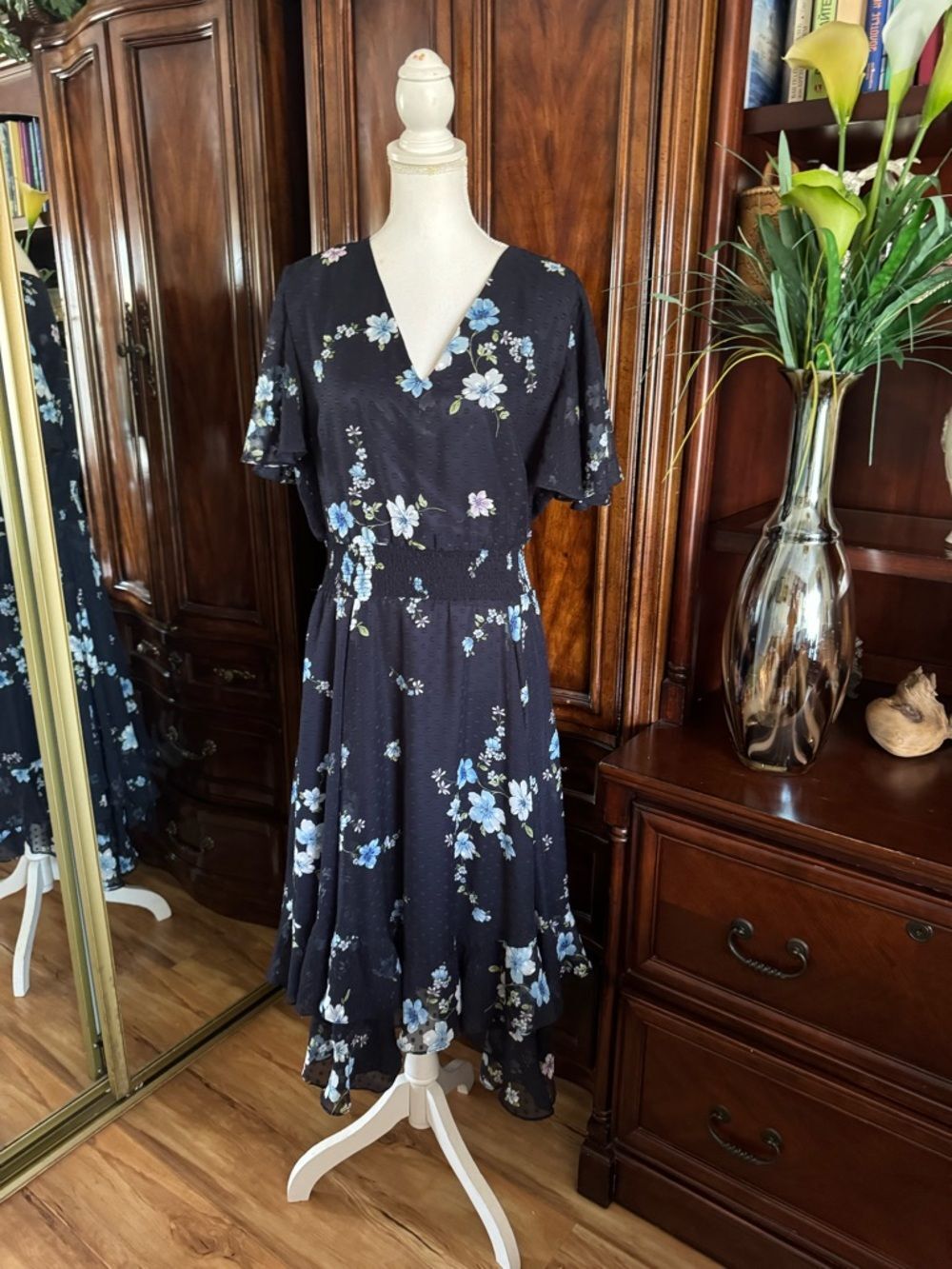 Tahari Navy High-Low Floral Midi Dress